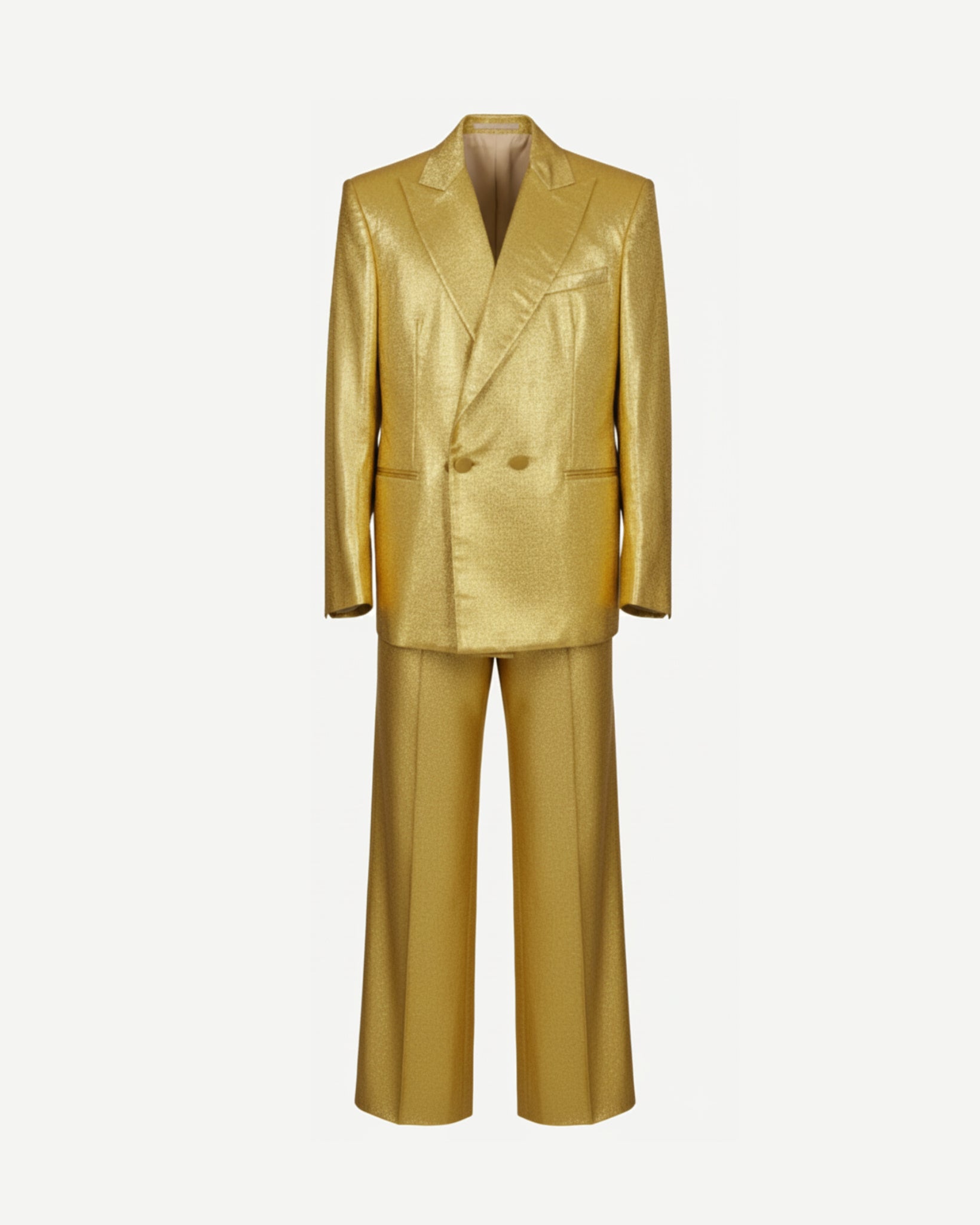 Gold silk lamé tailored blazer and trouser, front view