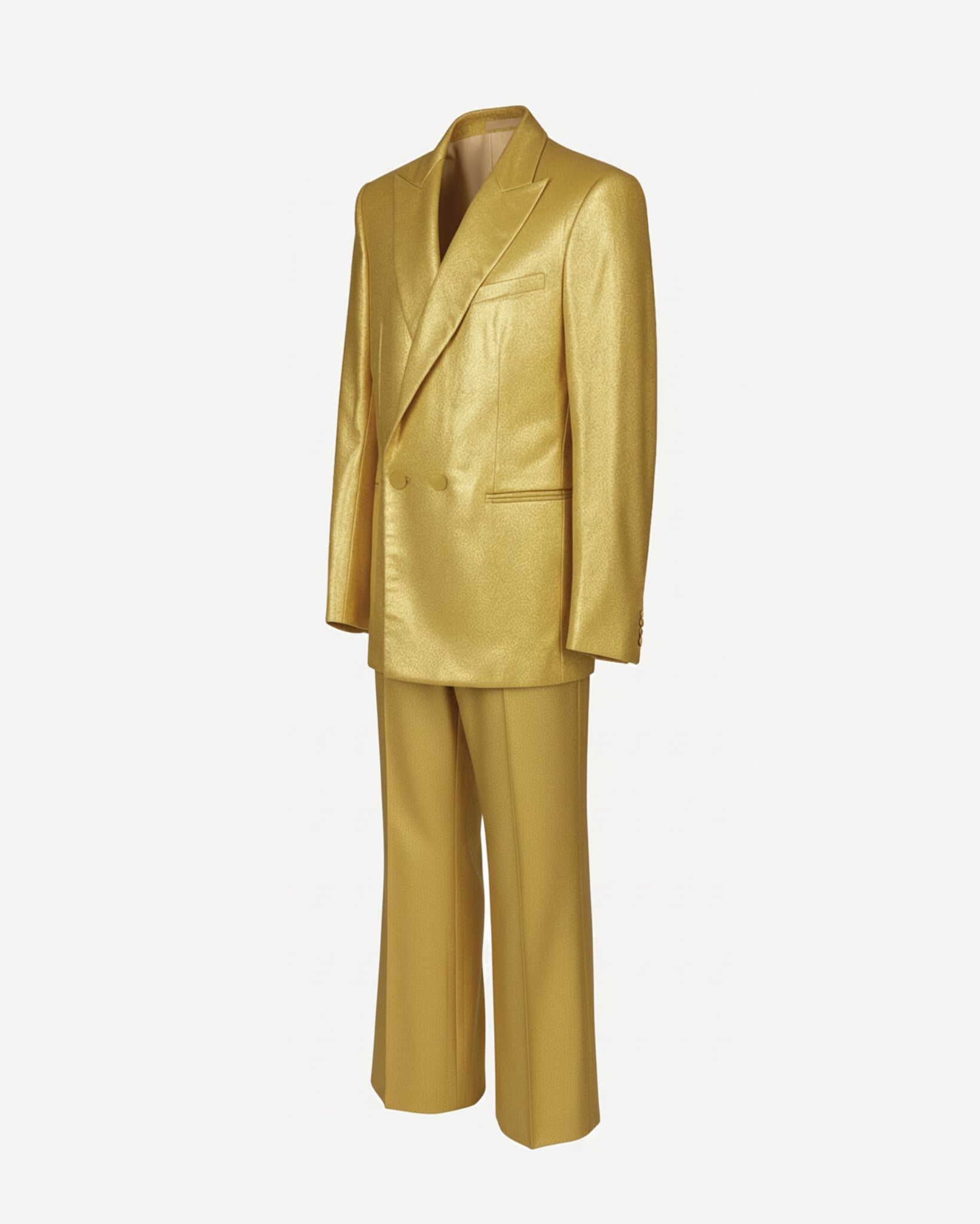 Gold silk lamé suit full look, standing view