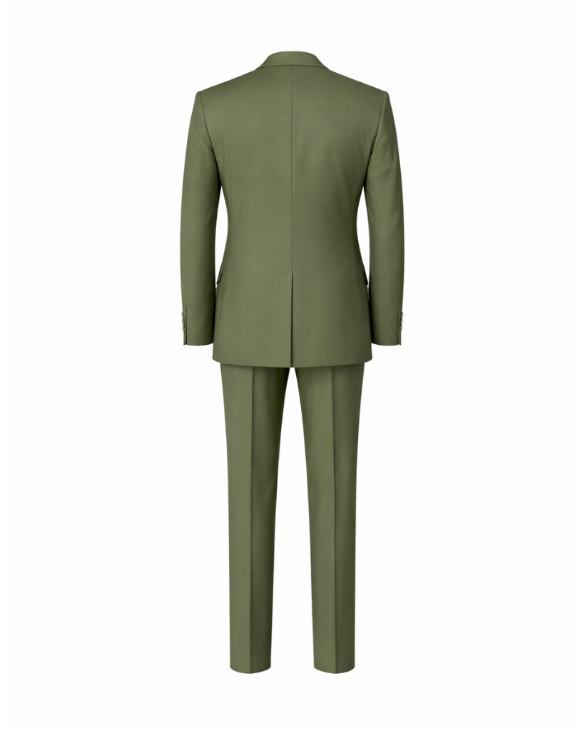 Dark Green Double-Breasted Tailored 2-Piece Wedding Suit shown from the back, featuring a streamlined, structured jacket with a center vent and matching slim-fit trousers for a polished formal look.