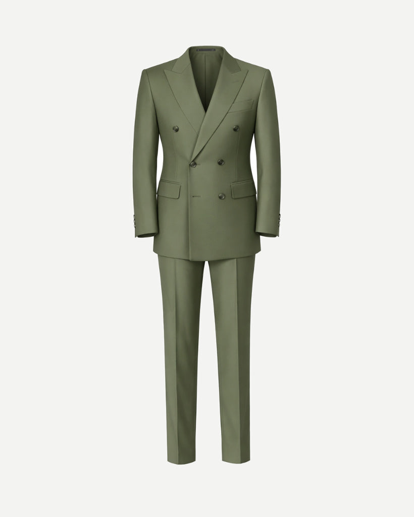 Dark Green Double-Breasted Tailored 2-Piece Wedding Suit featuring a sleek, modern silhouette with wide peak lapels, structured shoulders, and slim-fit trousers crafted for sophisticated formal occasions.