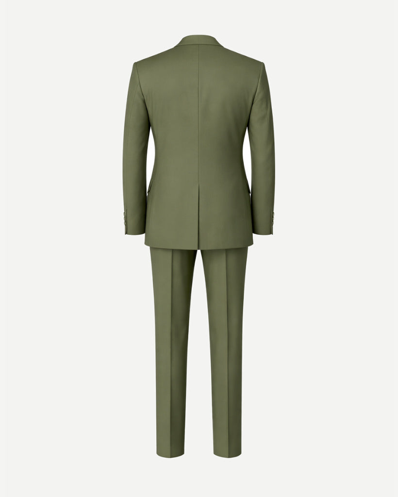 Dark Green Double-Breasted Tailored 2-Piece Wedding Suit shown from the back, featuring a streamlined, structured jacket with a center vent and matching slim-fit trousers for a polished formal look.