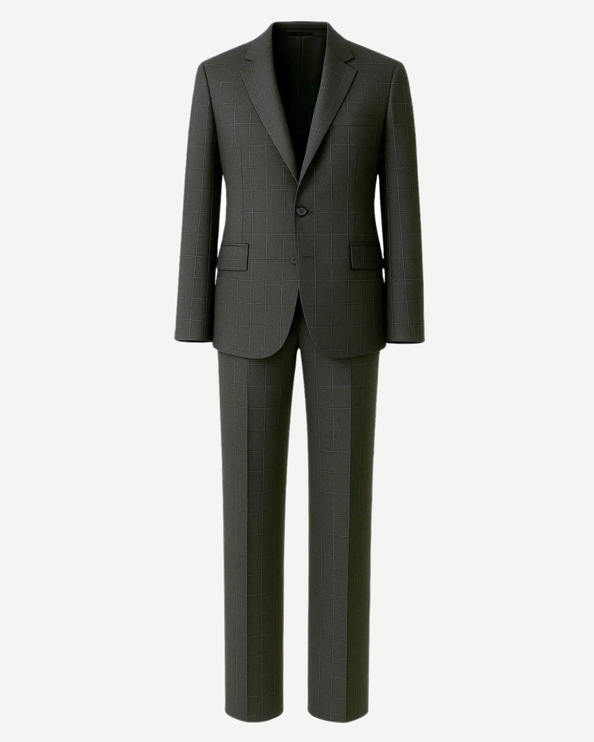 Men's Charcoal Gray Windowpane Check Suit Set featuring a tailored fit with structured notch lapels, two-button closure, flap pockets, and matching straight-leg trousers in refined charcoal gray fabric.