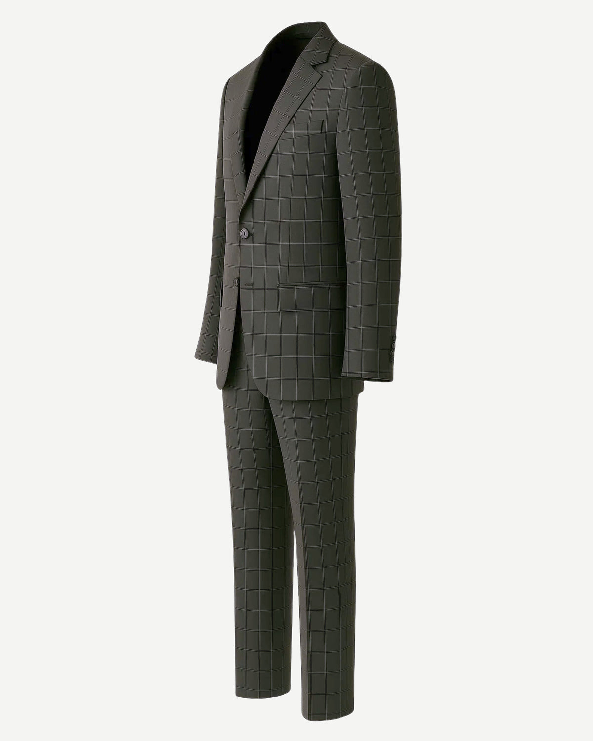 Men's Charcoal Gray Windowpane Check Suit Set featuring a modern tailored fit with notch lapels, single-button closure, flap pockets, and slim straight-leg trousers in classic windowpane pattern.