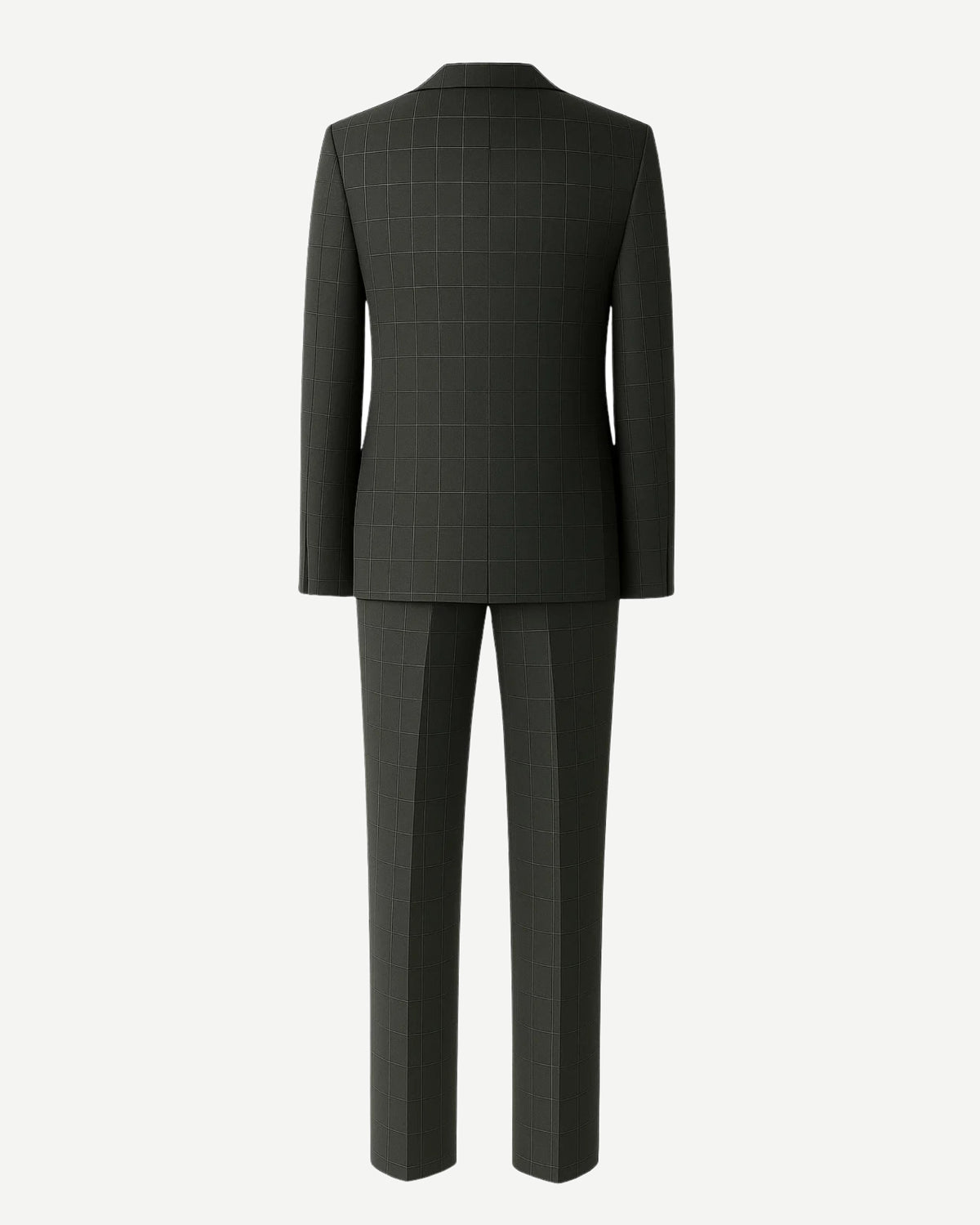 Men's Charcoal Gray Windowpane Check Suit Set featuring a clean back view with subtle windowpane pattern, tailored straight-leg trousers, and a fitted blazer with classic structured shoulders.