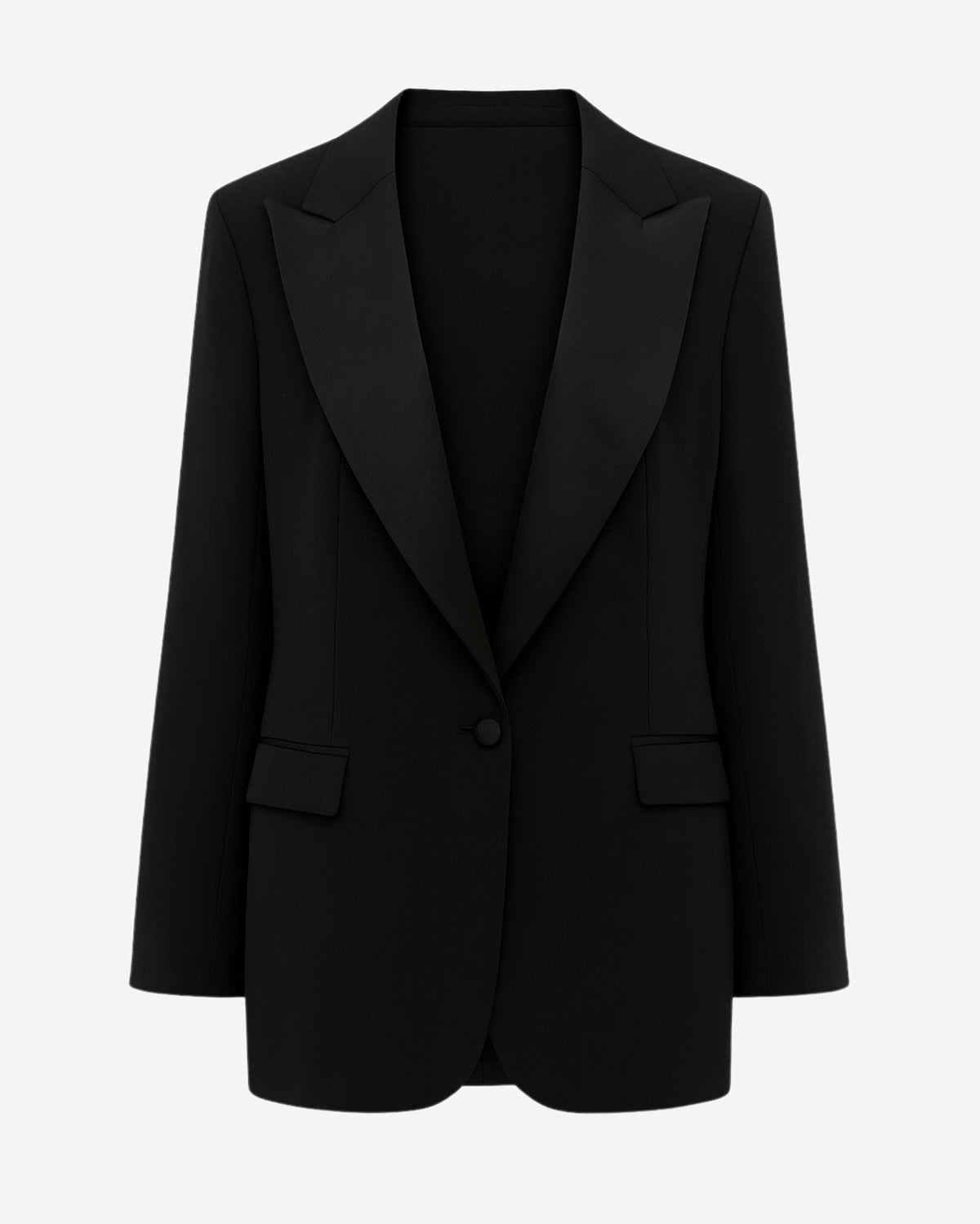 Tailory black oversized tuxedo blazer with exaggerated peak lapels front view