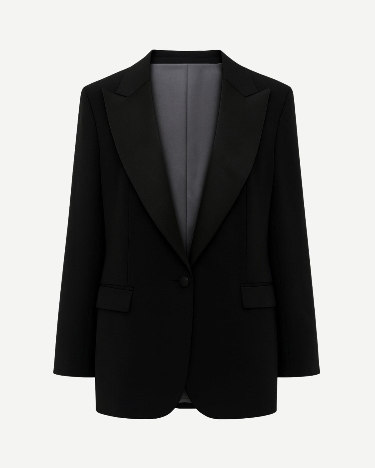 Black Oversized Tuxedo Jacket Exaggerated Peak Lapel Blazer featuring an oversized fit, bold peak lapels in satin, single-button closure, flap pockets, and smooth interior lining for striking formalwear.