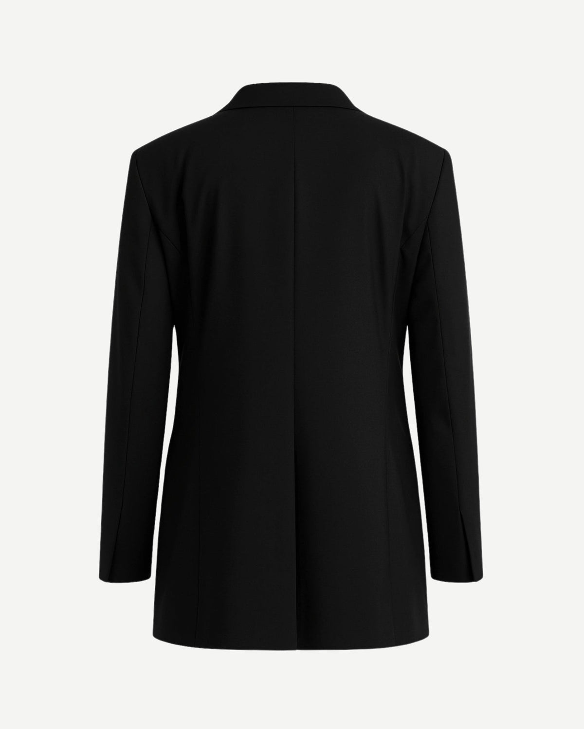 Black Oversized Tuxedo Jacket Exaggerated Peak Lapel Blazer shown from the back, featuring an oversized silhouette with clean lines, long sleeves, and a structured design for refined formalwear.