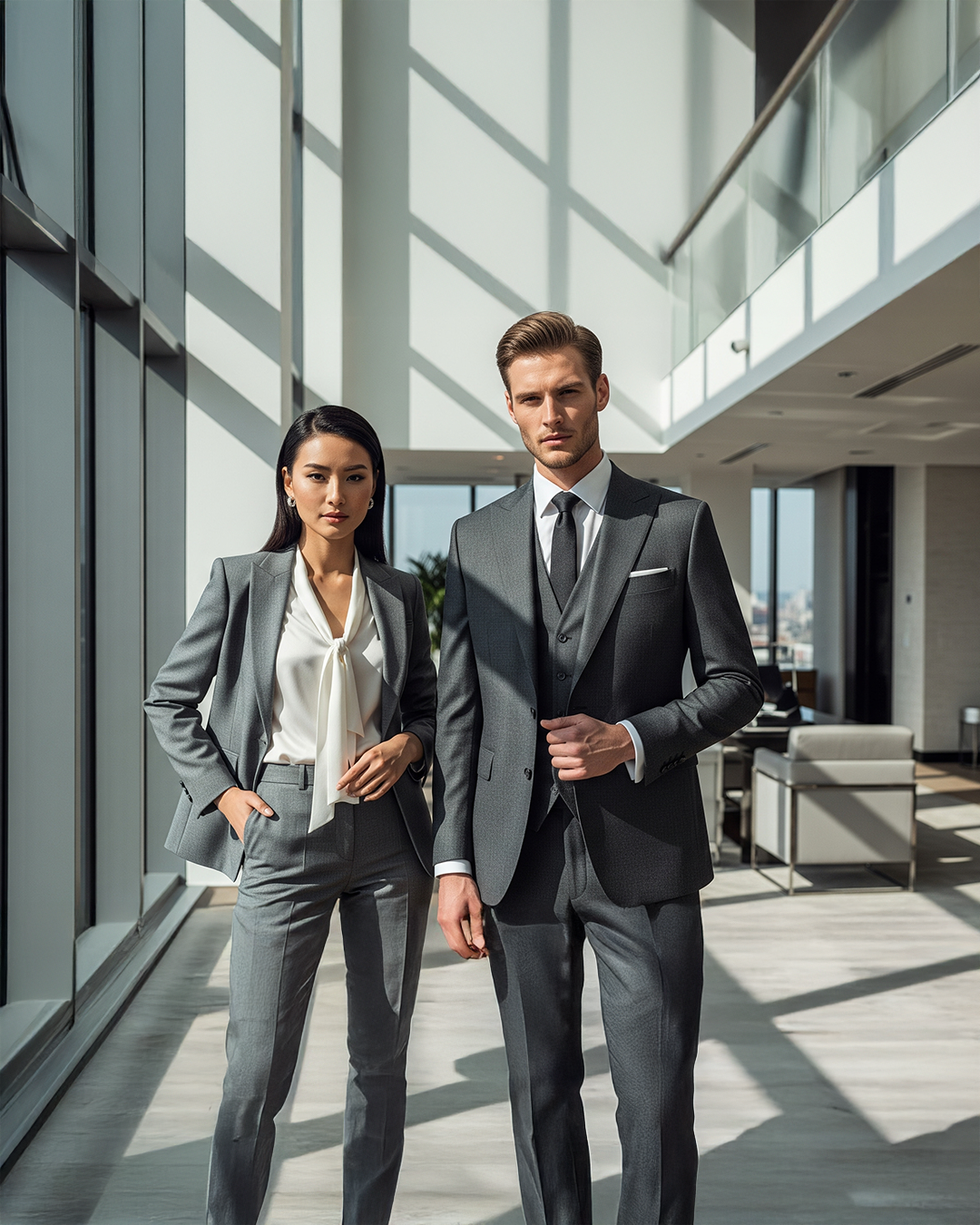 Two professionals in tailored gray suits stand in a sunlit modern office with floor-to-ceiling windows and minimalist, contemporary furnishings.