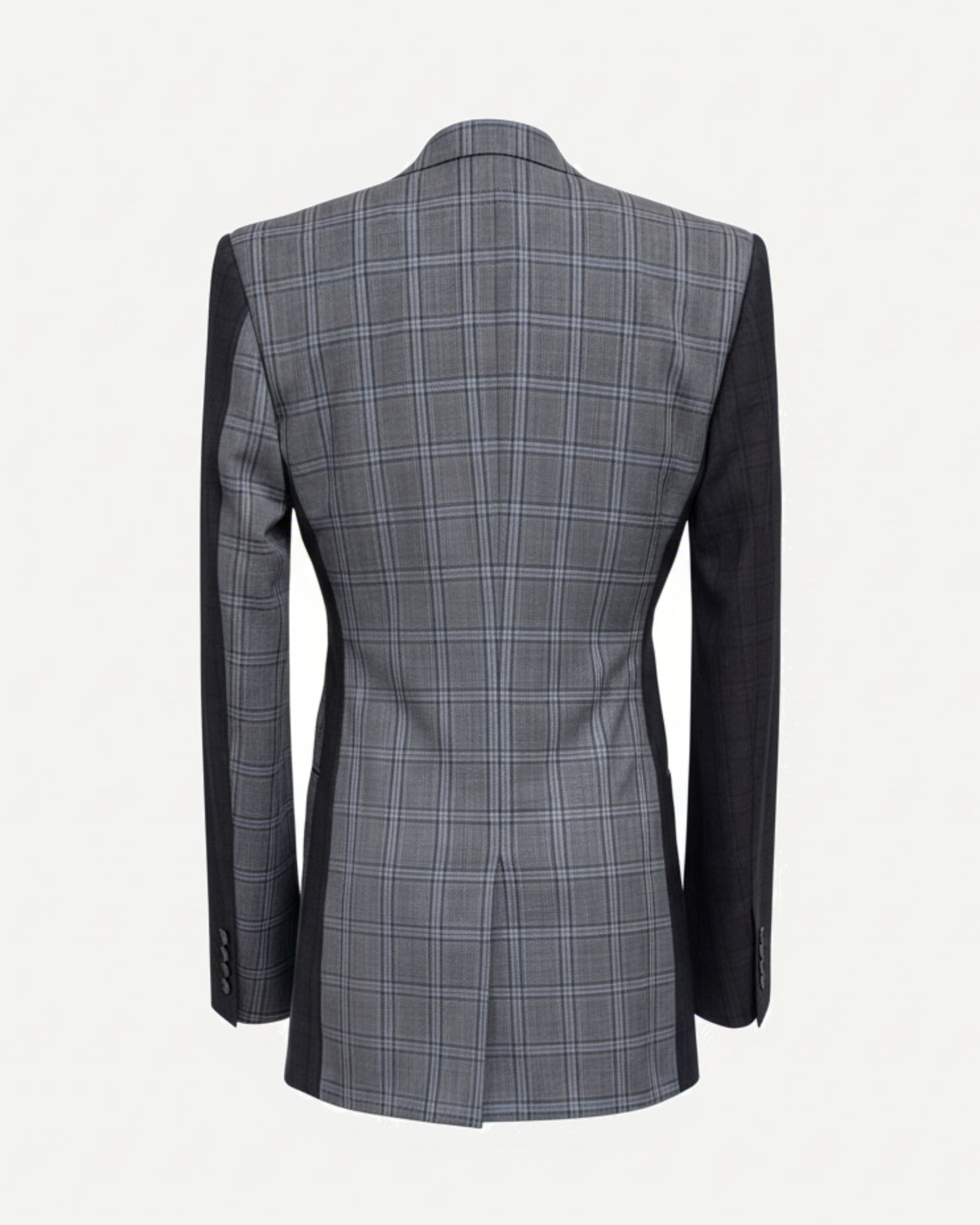Tailory gray Glen plaid double-breasted peak-lapel blazer back view