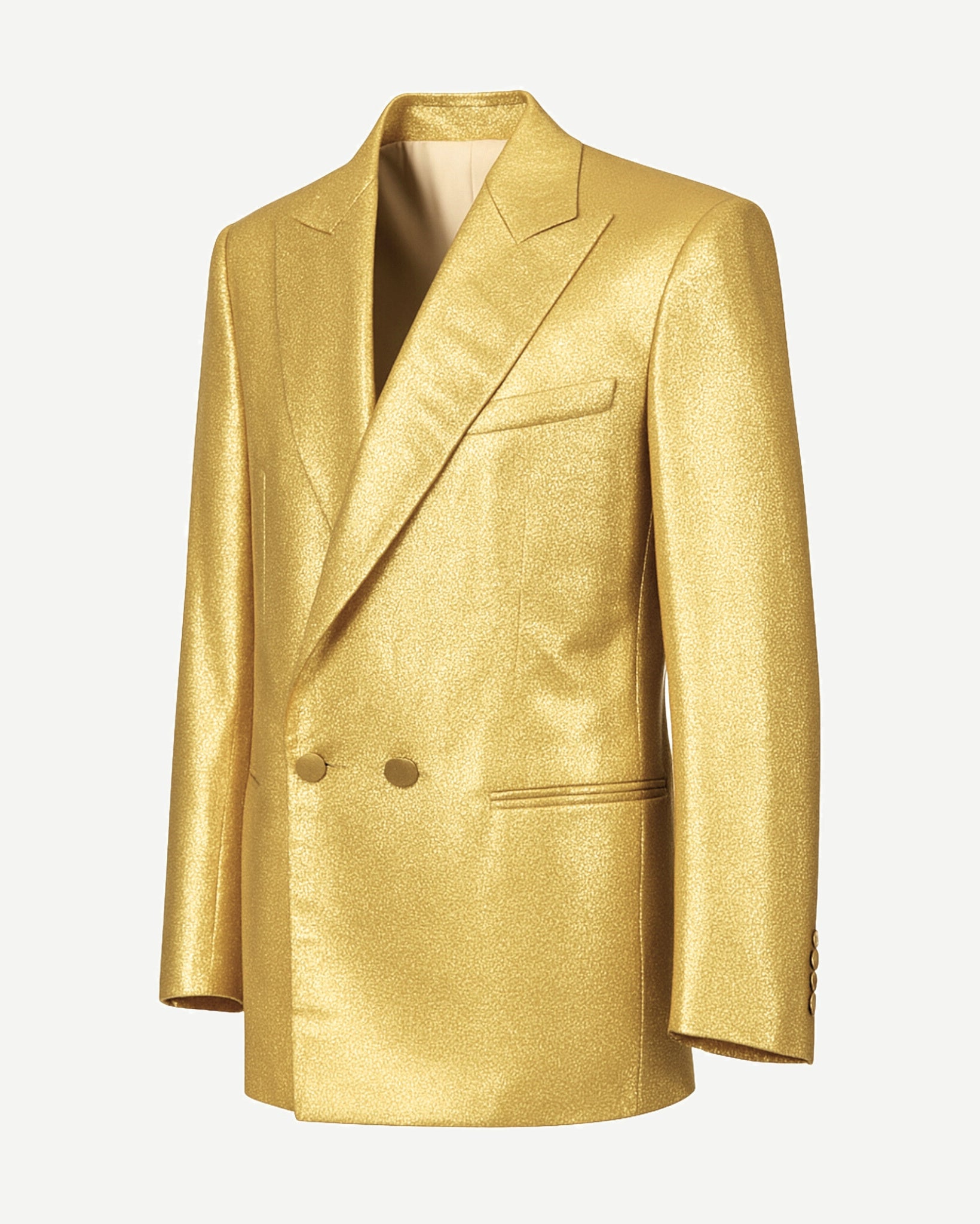 Gold silk lamé jacket side profile showing peak lapels.