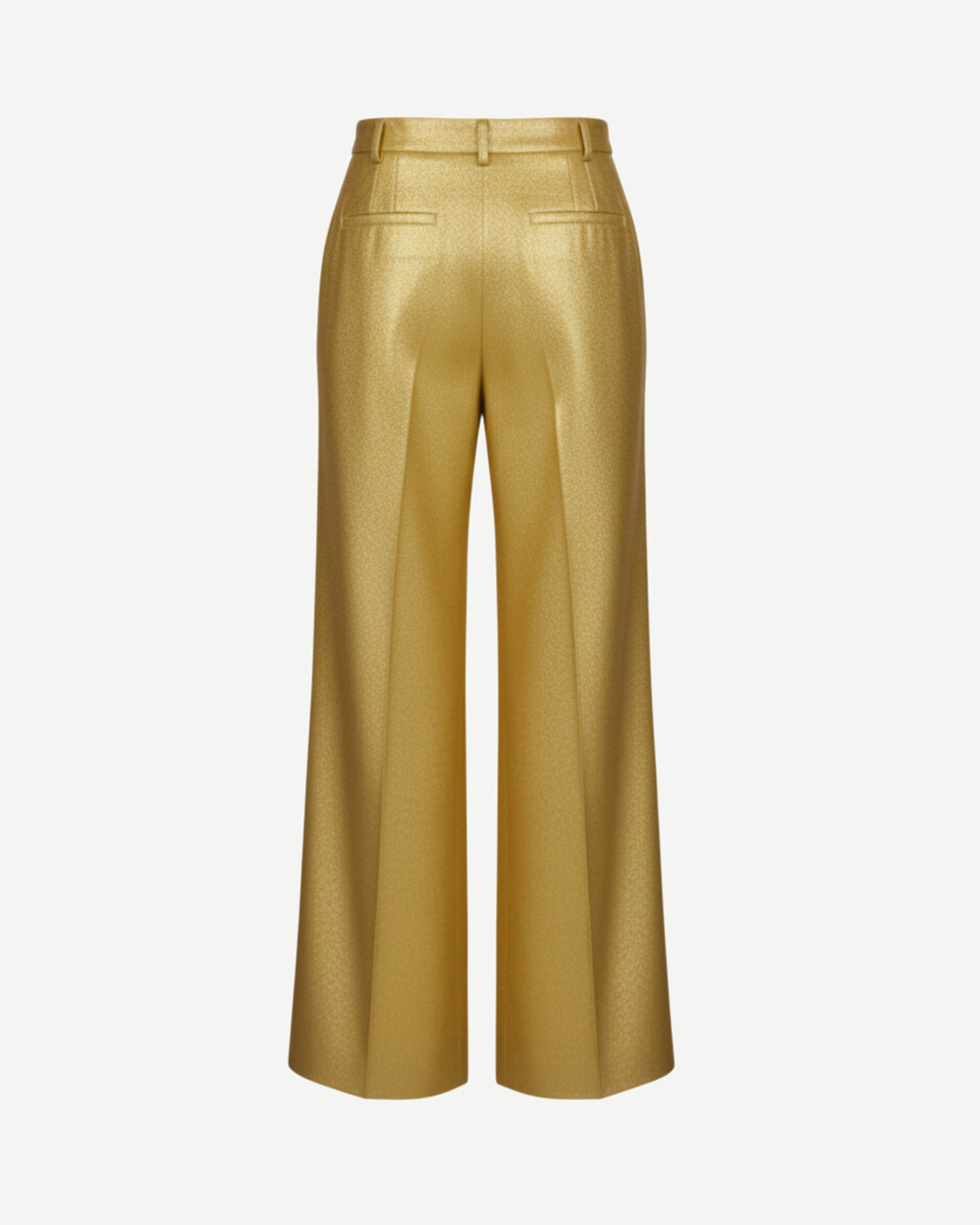 Gold silk lamé tailored trousers — back view