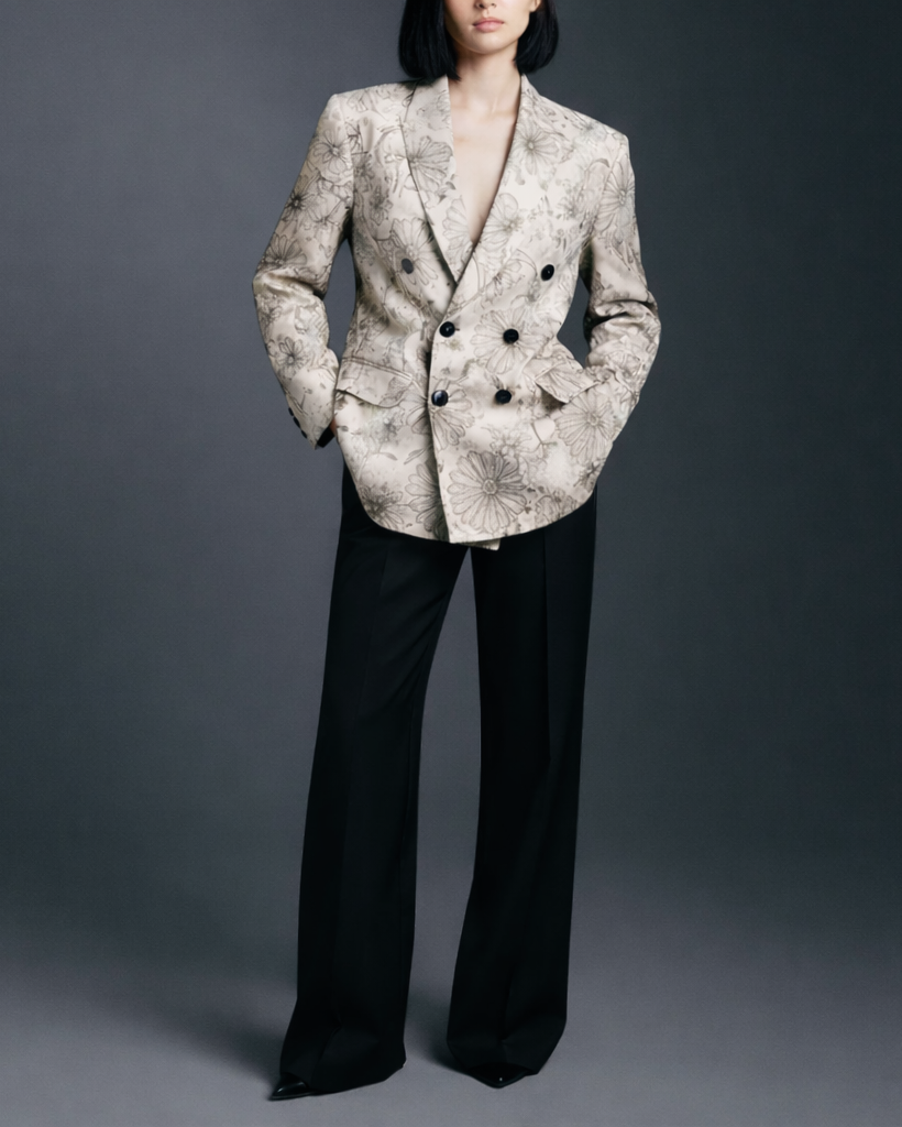 Model wearing the Brunello Cucinelli White Floral Graphic Jacket featuring a soft floral pattern in light tones on a structured double-breasted blazer, paired with wide-leg black trousers for a polished, contemporary look.