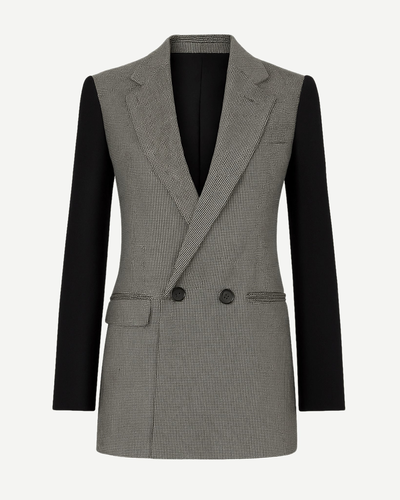 Tailory houndstooth and black color-block double-breasted blazer front view