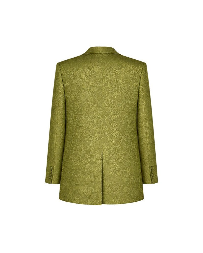 Rear view of Green Floral Graphic Tuxedo Jacket highlighting a tailored fit with subtle all-over floral jacquard texture and a single back vent for refined eveningwear style.