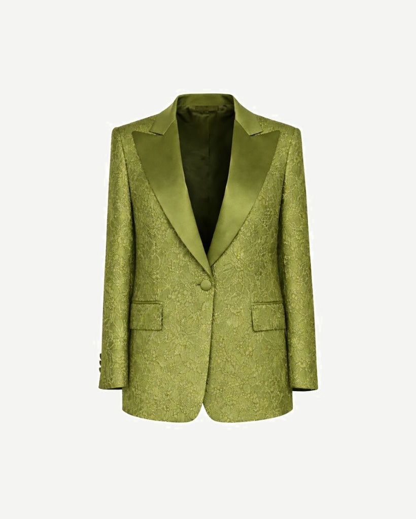 Front view of Green Floral Graphic Tuxedo Jacket featuring an intricate floral jacquard fabric with a satin peak lapel and single-button closure for elegant evening wear.