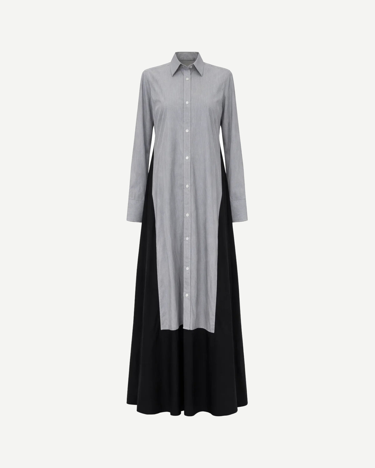 Tailory_ShirtDress_GreyBlack_Paneled_Pinstripe_FrontView