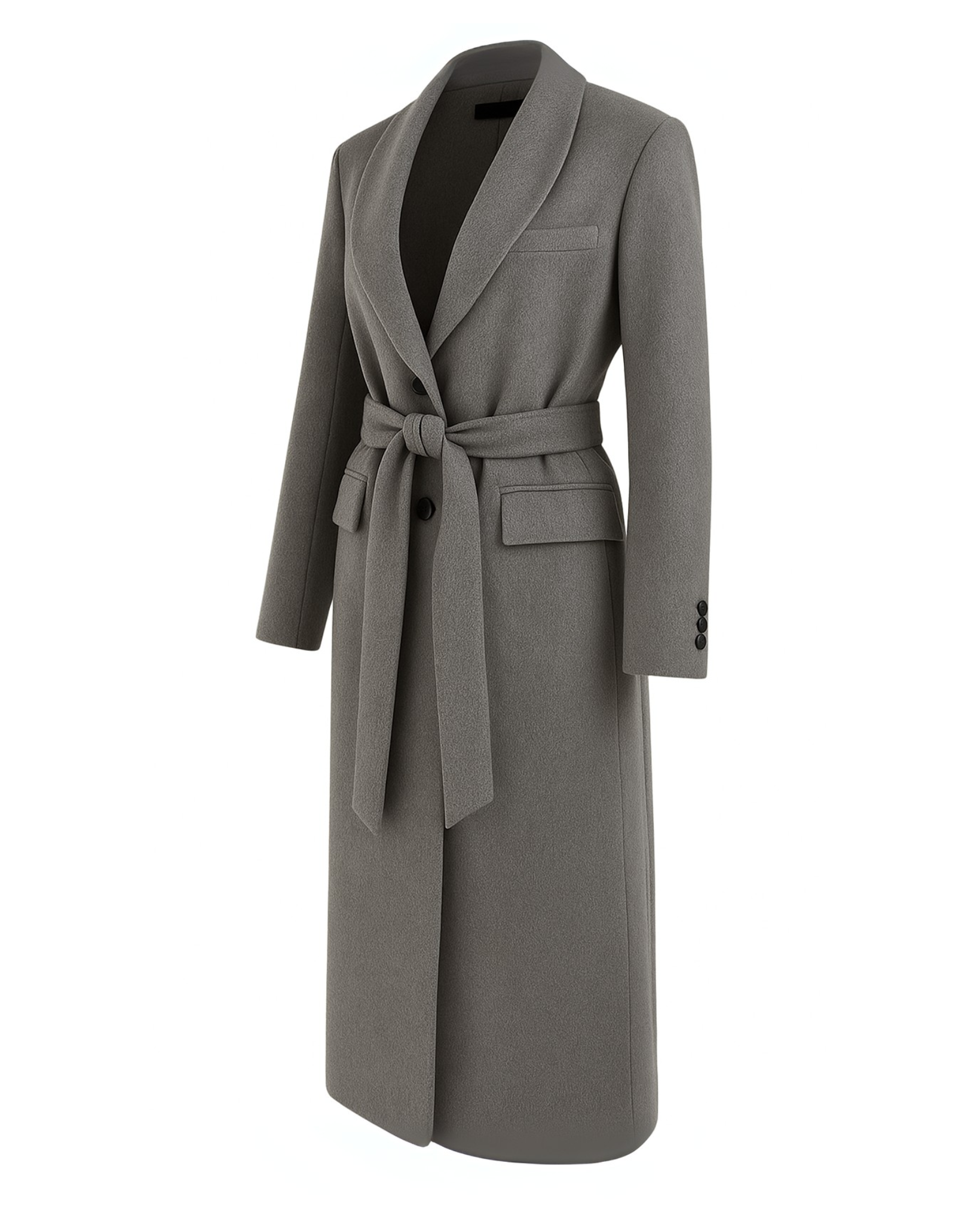 SAMPLE SALE | Loro Piana Grey Cashmere Overcoat With Belt featuring a long, tailored silhouette, shawl collar, and self-tie belt in luxurious grey cashmere for refined investment outerwear.