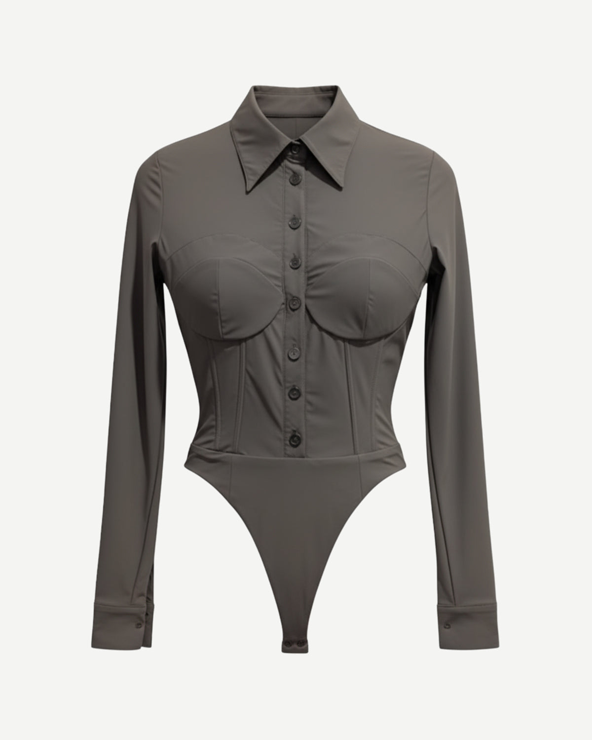 Tailory grey corseted bodysuit with button front and pointed collar front view