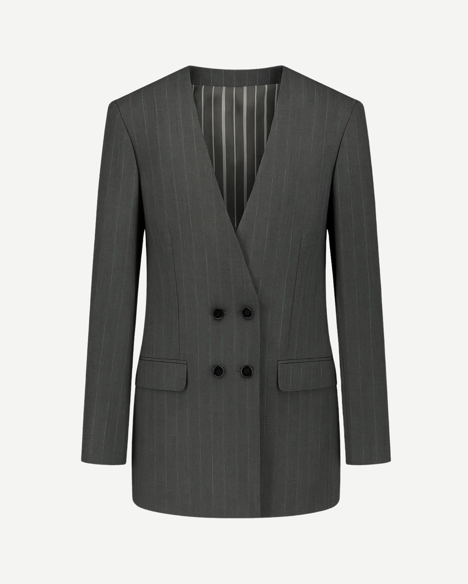 Tailory grey pinstripe deep-V double-breasted blazer front view
