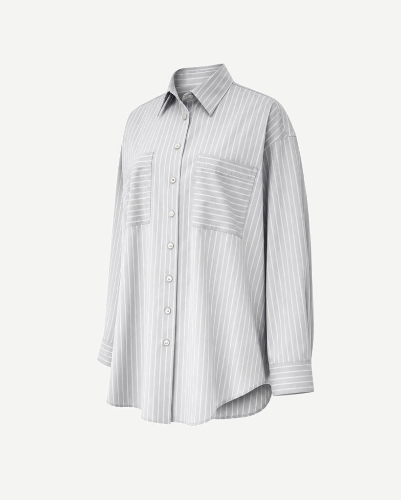 The Tailory New York grey striped Loro Piana cotton oversized shirt three quarter view