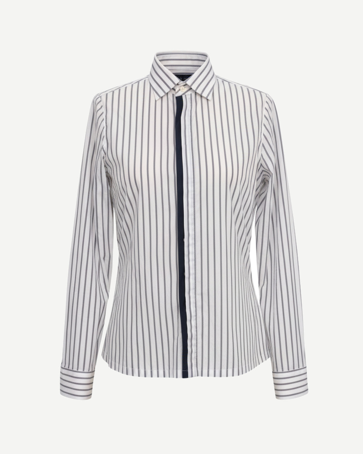 Tailory white and grey vertical-stripe tailored shirt with navy contrast placket front view