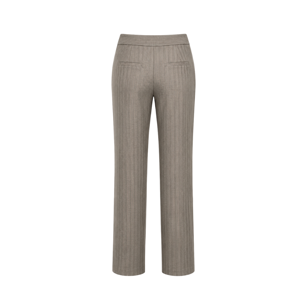 Back view of grey-taupe pinstripe straight-leg trousers with folded waistband, back welt pockets, vertical pinstripe pattern, and full-length hem.