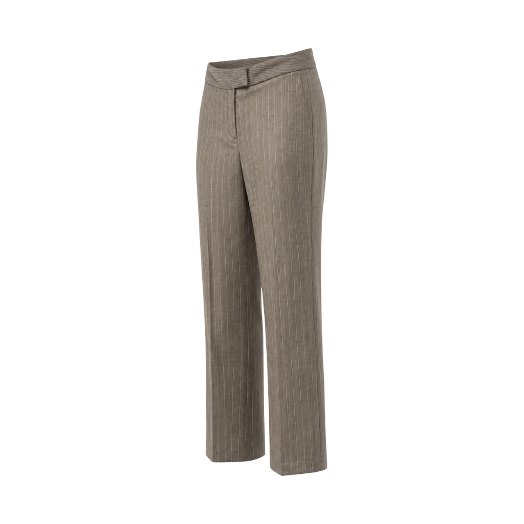 Angled side view of grey-taupe pinstripe straight-leg trousers showing the folded waistband, front tab closure, side profile, and tailored leg shape.