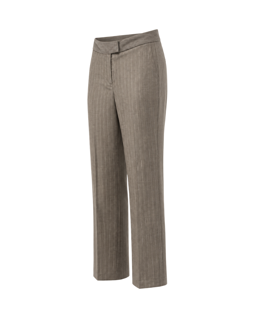 Angled side view of grey-taupe pinstripe straight-leg trousers showing the folded waistband, front tab closure, side profile, and tailored leg shape.