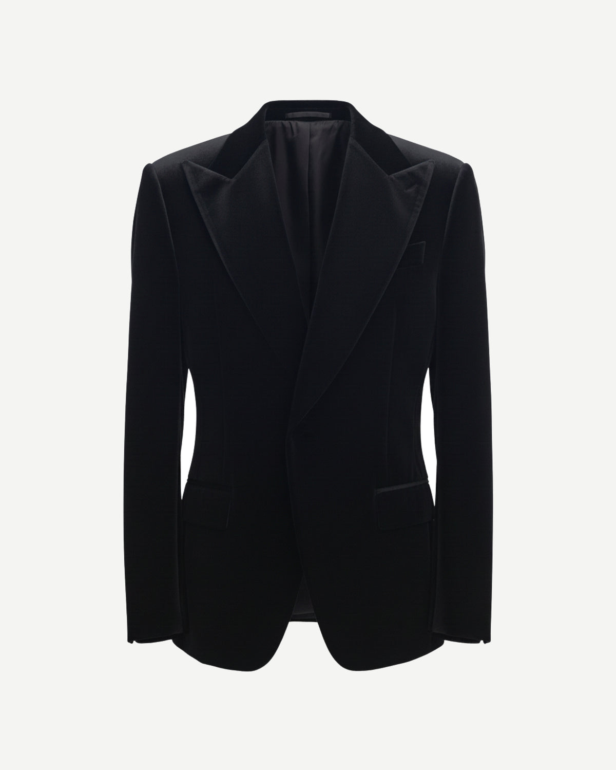 Tailory black velvet peak lapel blazer front view