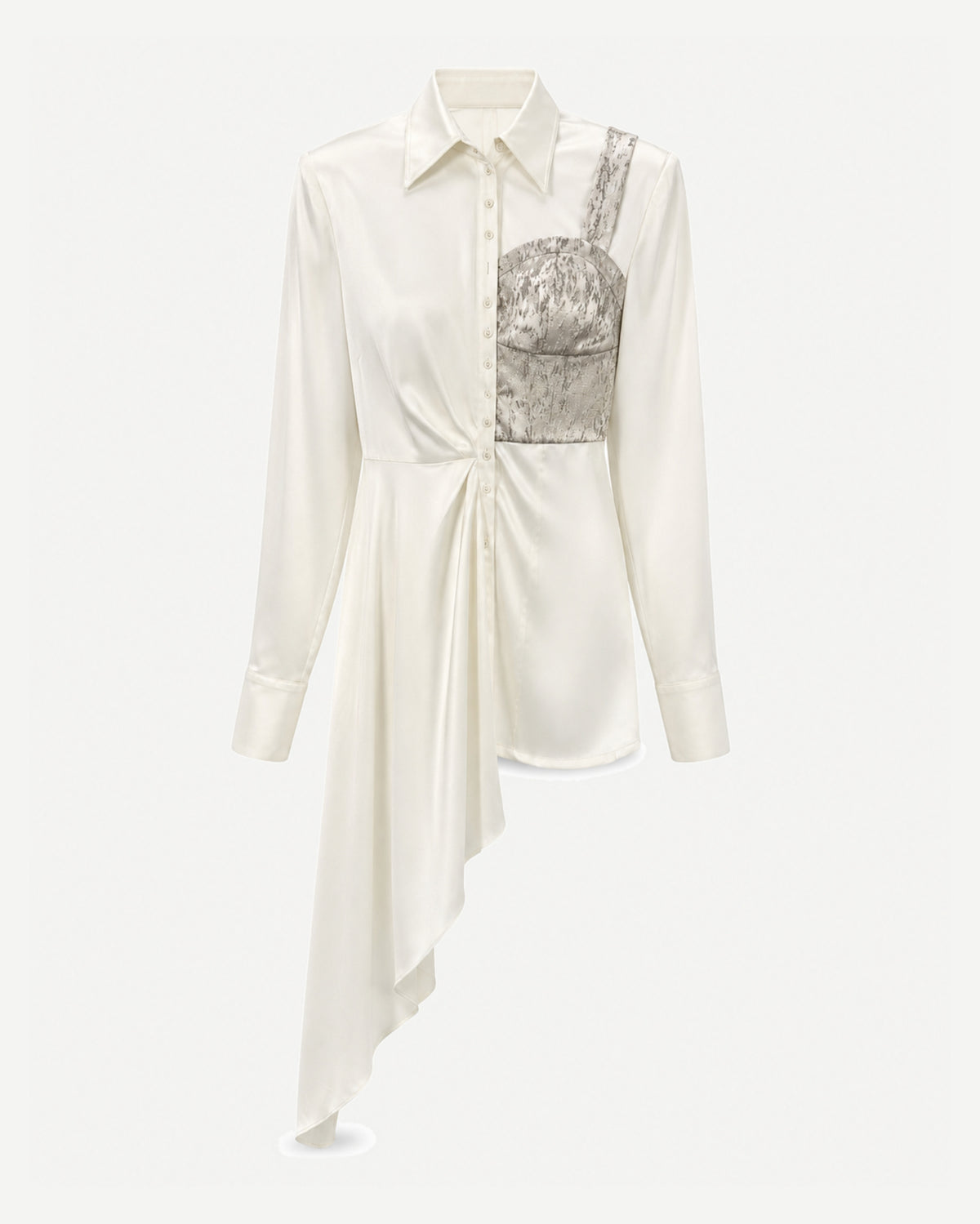 Tailory ivory asymmetric draped shirt front view with metallic corset detail and cascading hem
