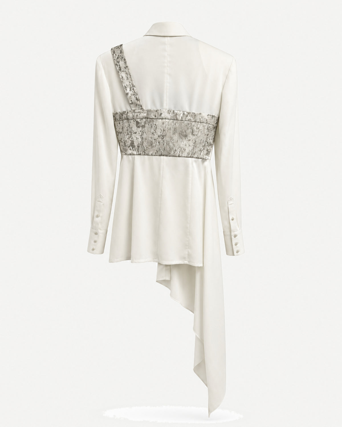 Tailory ivory asymmetric draped shirt back view with metallic corset detail and cascading hem