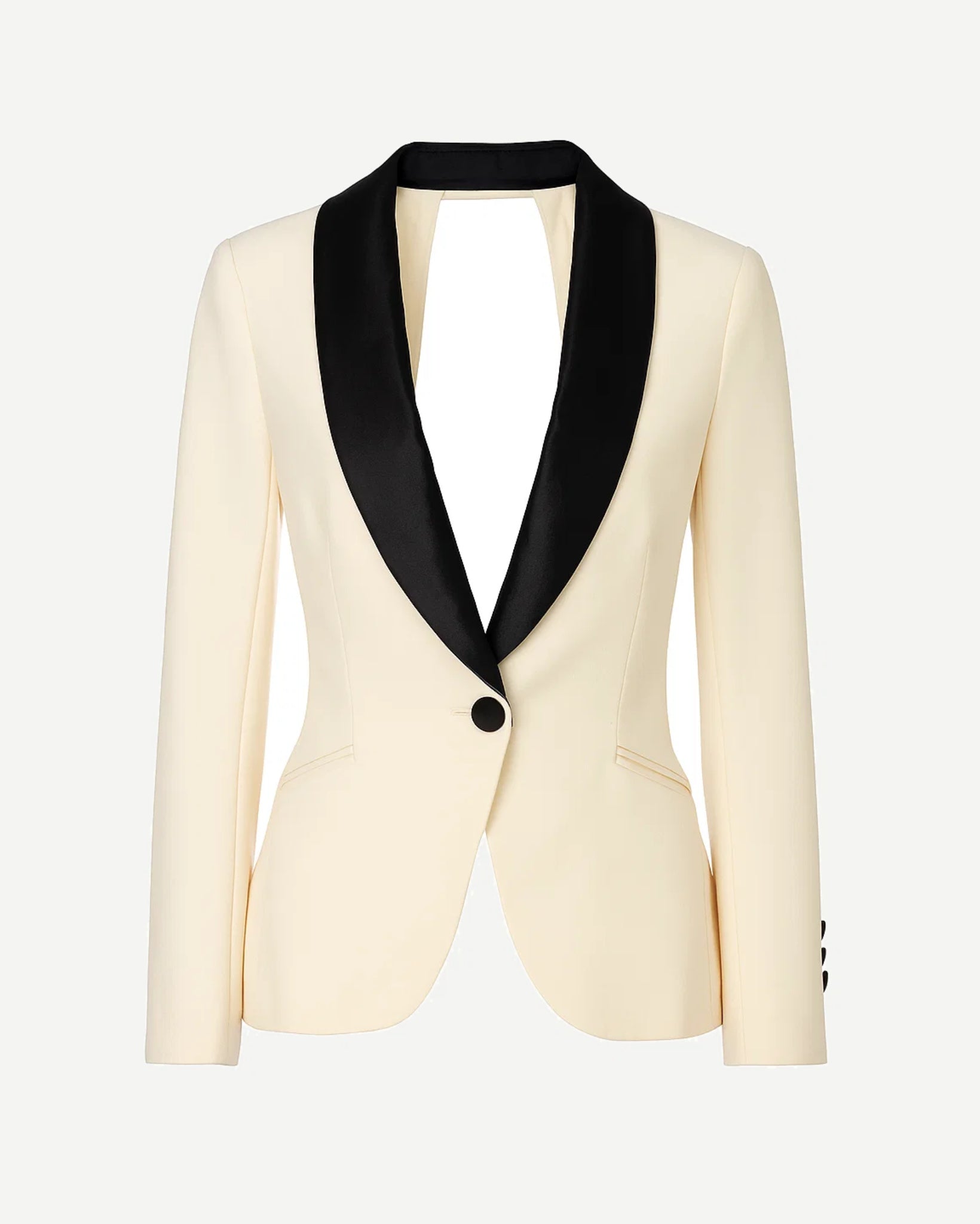 Tailory ivory tuxedo jacket with black satin shawl lapels front view