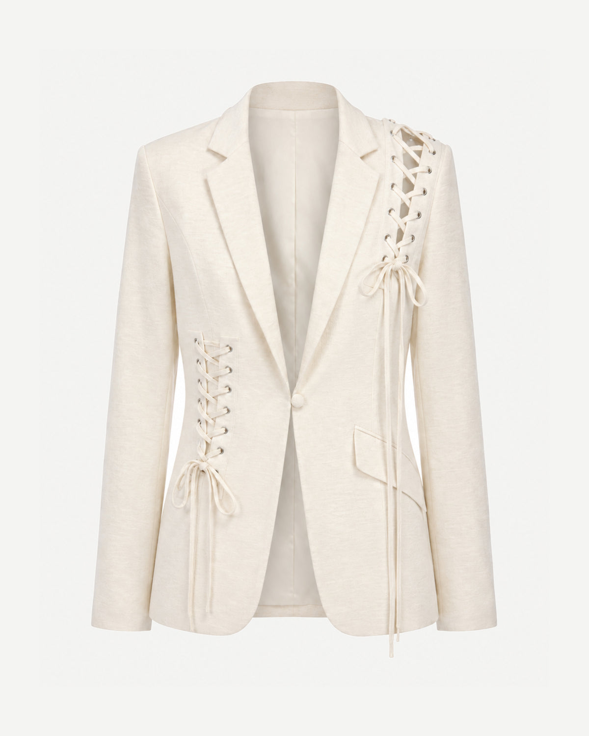 Tailory ivory lace-up tailored blazer front view with notched lapels and single-button closure