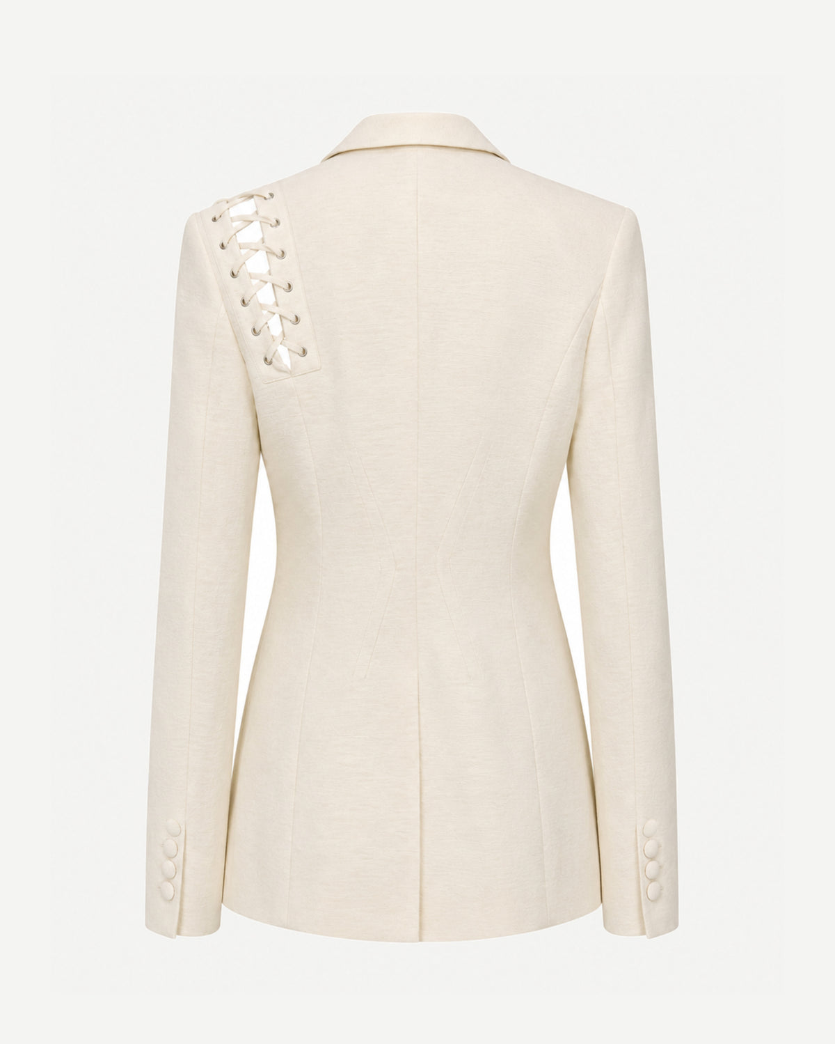 Tailory ivory lace-up tailored blazer back view with notched lapels and single-button closure