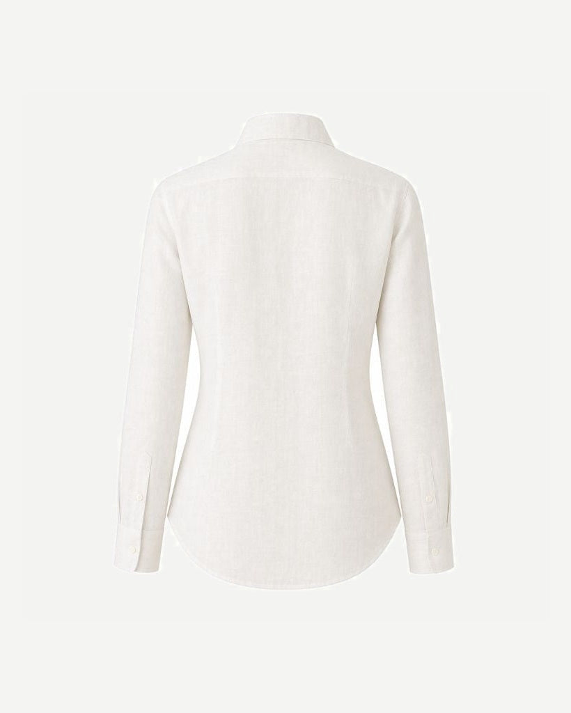 Back view of the Ivory Linen Summer Wedding Shirt featuring a tailored cut with long sleeves and buttoned cuffs, crafted from lightweight, breathable linen for elegant warm-weather wear.