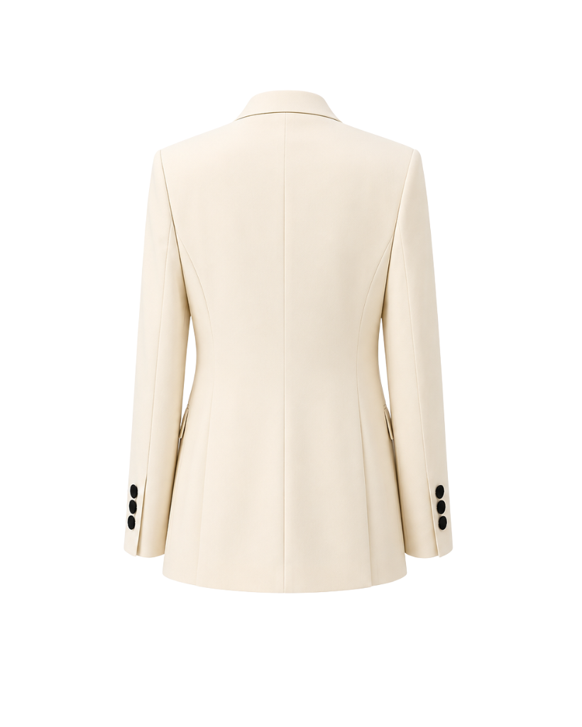 Ivory Peak Lapel Women’s Wool Tuxedo Jacket in a creamy ivory shade, showcasing a streamlined back with structured seams and black buttons on the cuff for refined formalwear.