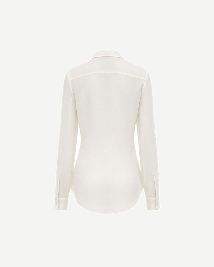 Back view of Ivory Semi-Sheer Tailored Shirt crafted with lightweight fabric, featuring a feminine fitted shape, long sleeves with buttoned cuffs, and a classic collar for elegant layering.