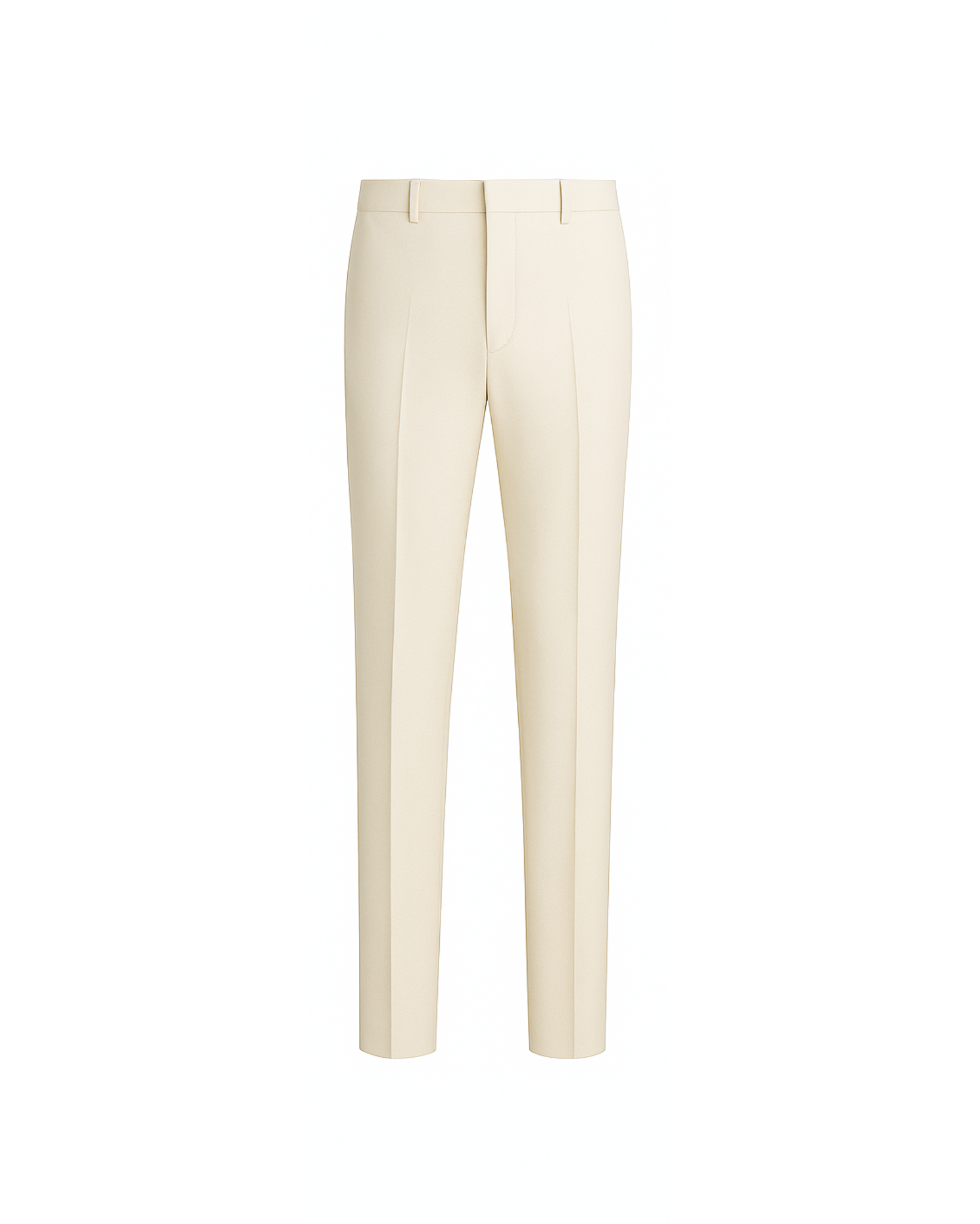 Ivory Loro Piana Men's Slim Trousers featuring a streamlined silhouette with pressed creases, belt loops, and clean tailoring in a luxurious creamy fabric ideal for refined men's suiting.