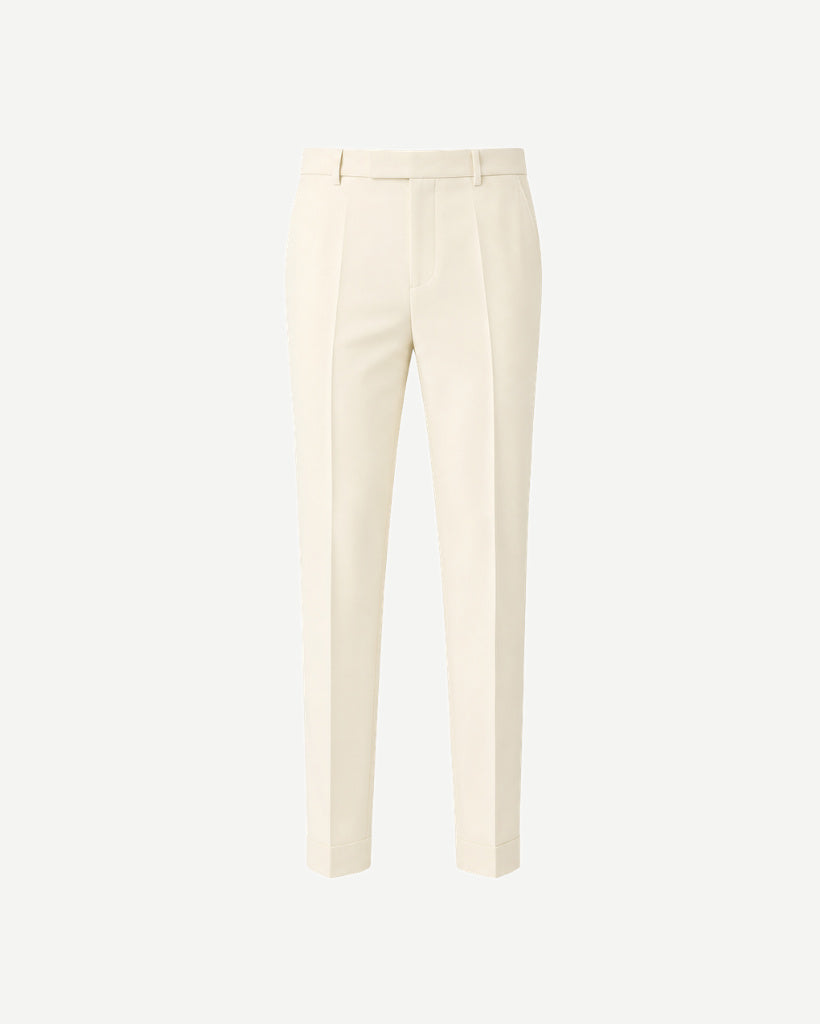 Ivory Women’s Wool Tuxedo Pants in a soft ivory wool fabric, featuring a tailored fit with belt loops, front pleats, and a clean cuff hem for sophisticated formalwear.