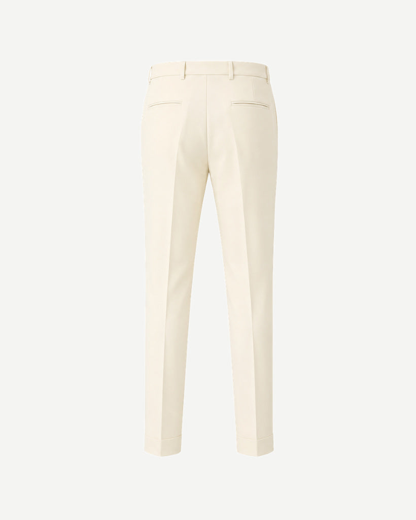 Ivory Women’s Wool Tuxedo Pants crafted from smooth wool fabric, featuring a tailored silhouette, belt loops, rear welt pockets, and clean cuffed hems for elegant formalwear.