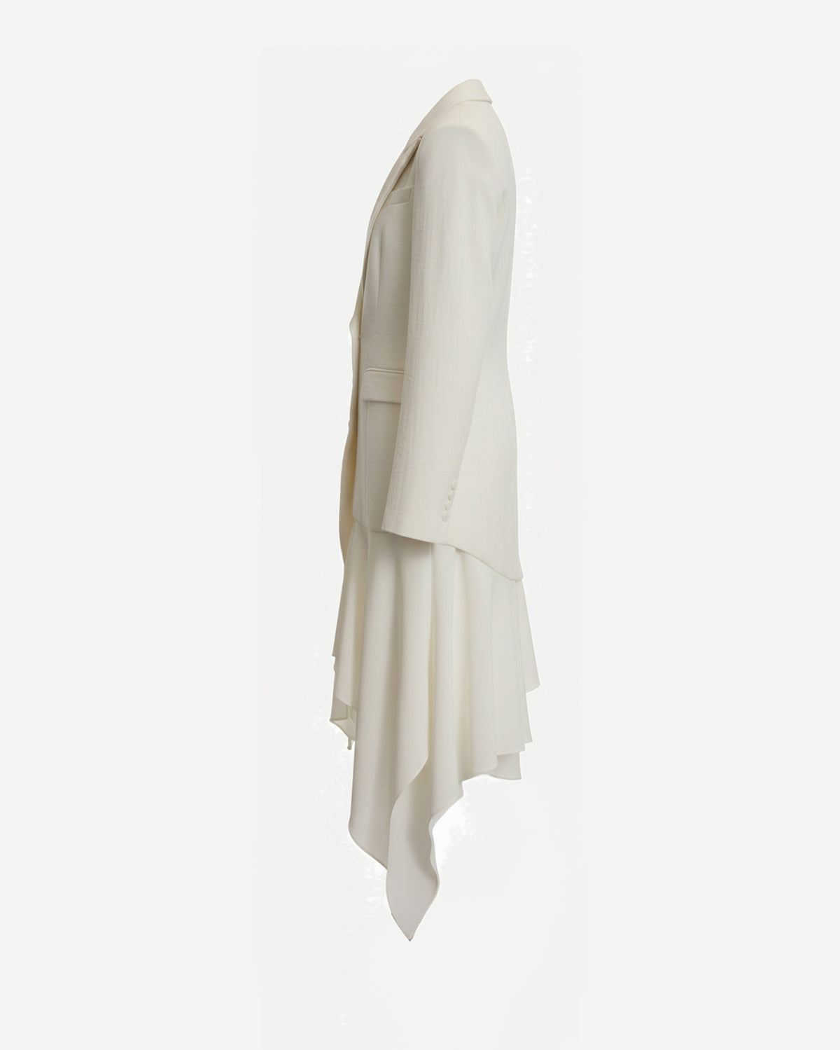 Tailory ivory wool wrap coat side view with sweeping hemline