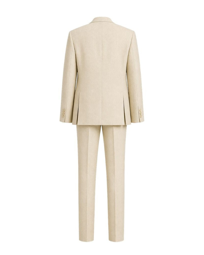 Back view of Cream Wool and Linen Blend Summer Wedding Suit with a tailored blazer featuring structured seams and matching trousers crafted from lightweight, breathable fabric for refined summer formalwear.
