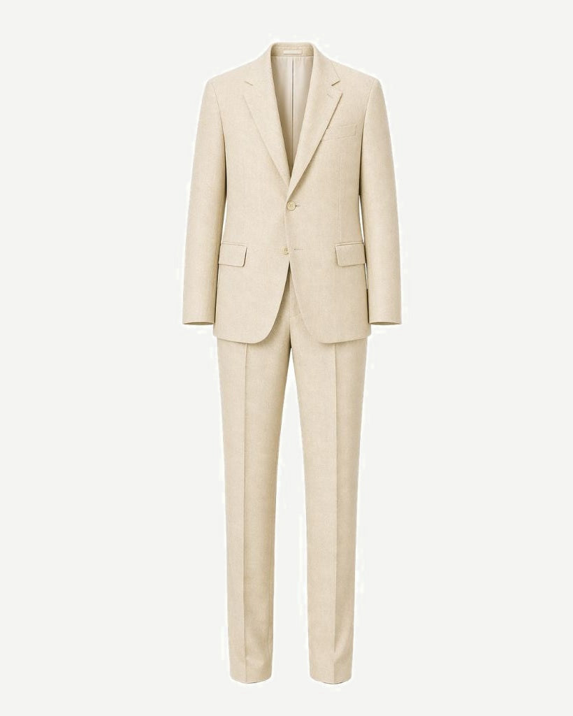 Cream Wool and Linen Blend Summer Wedding Suit in a classic tailored cut, crafted from lightweight, breathable fabric ideal for sophisticated warm-weather formalwear.