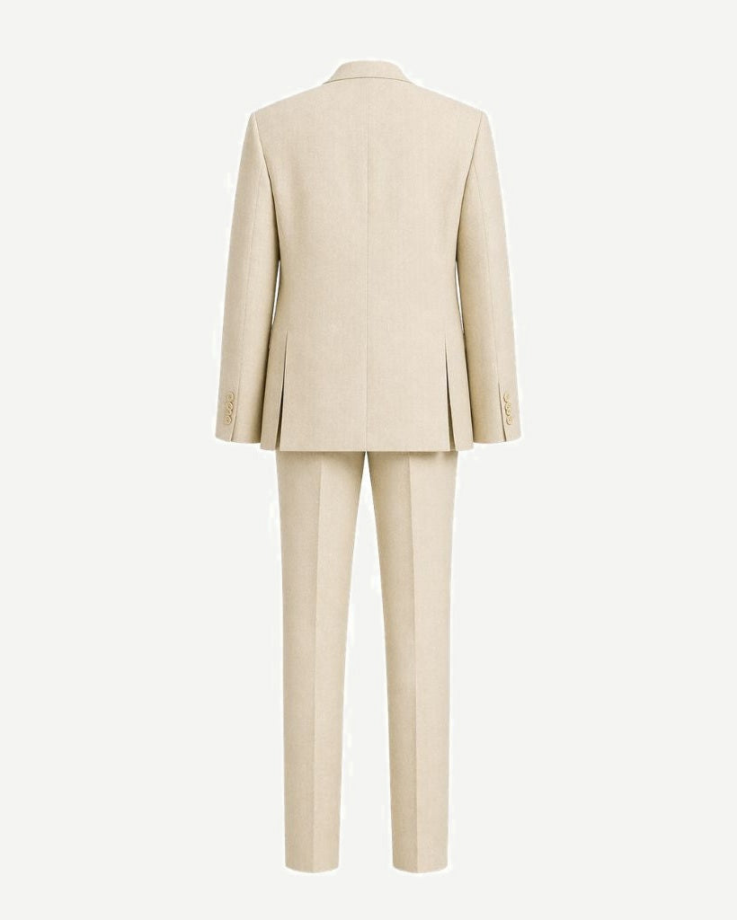 Back view of Cream Wool and Linen Blend Summer Wedding Suit with a tailored blazer featuring structured seams and matching trousers crafted from lightweight, breathable fabric for refined summer formalwear.