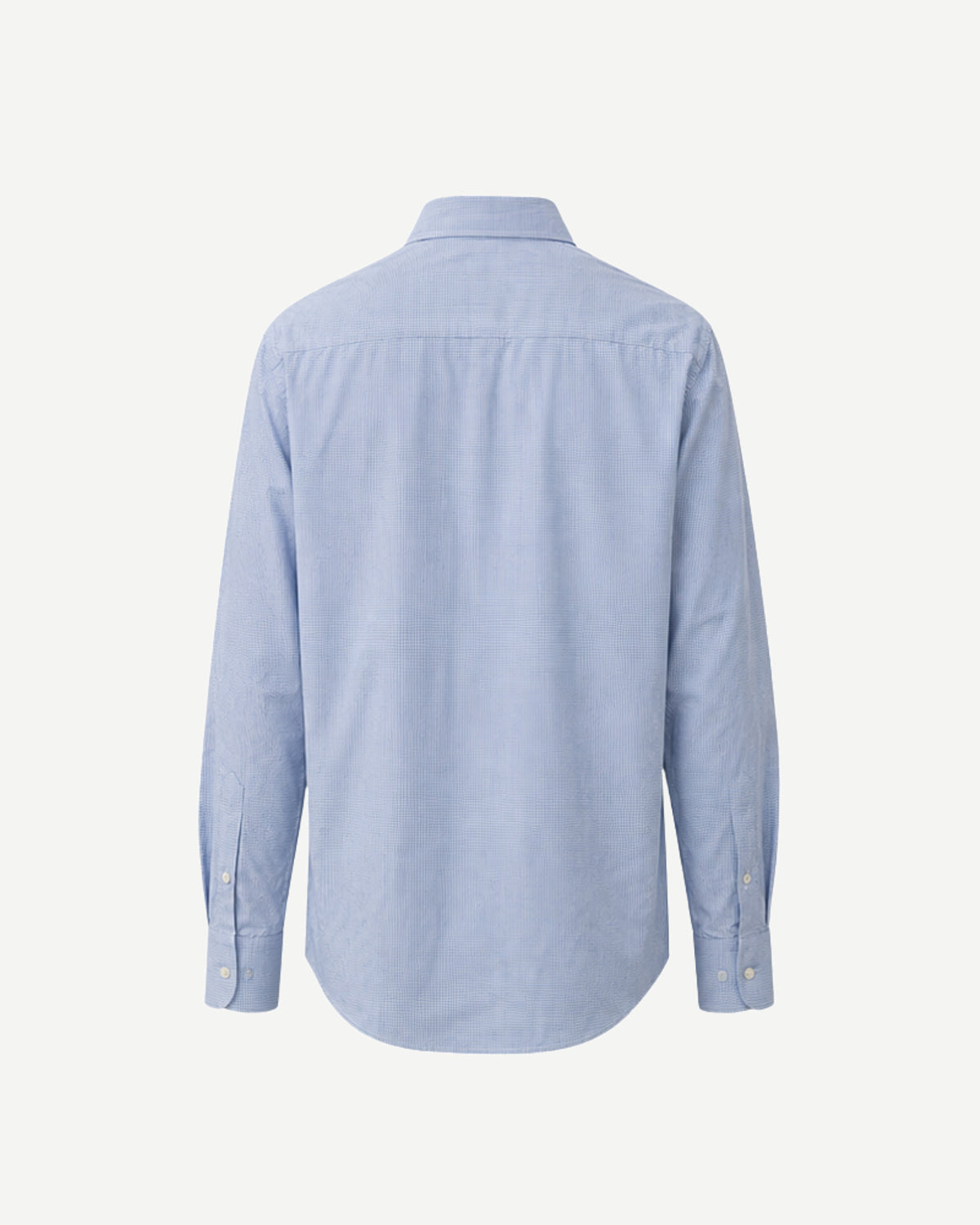 Back view of light blue micro-check shirt showing the straight back yoke and curved hem
