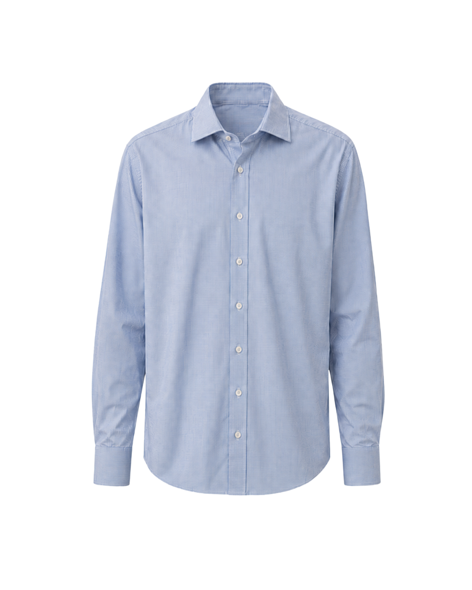 Front view of light blue micro-check button-up shirt with pointed collar and full button closure