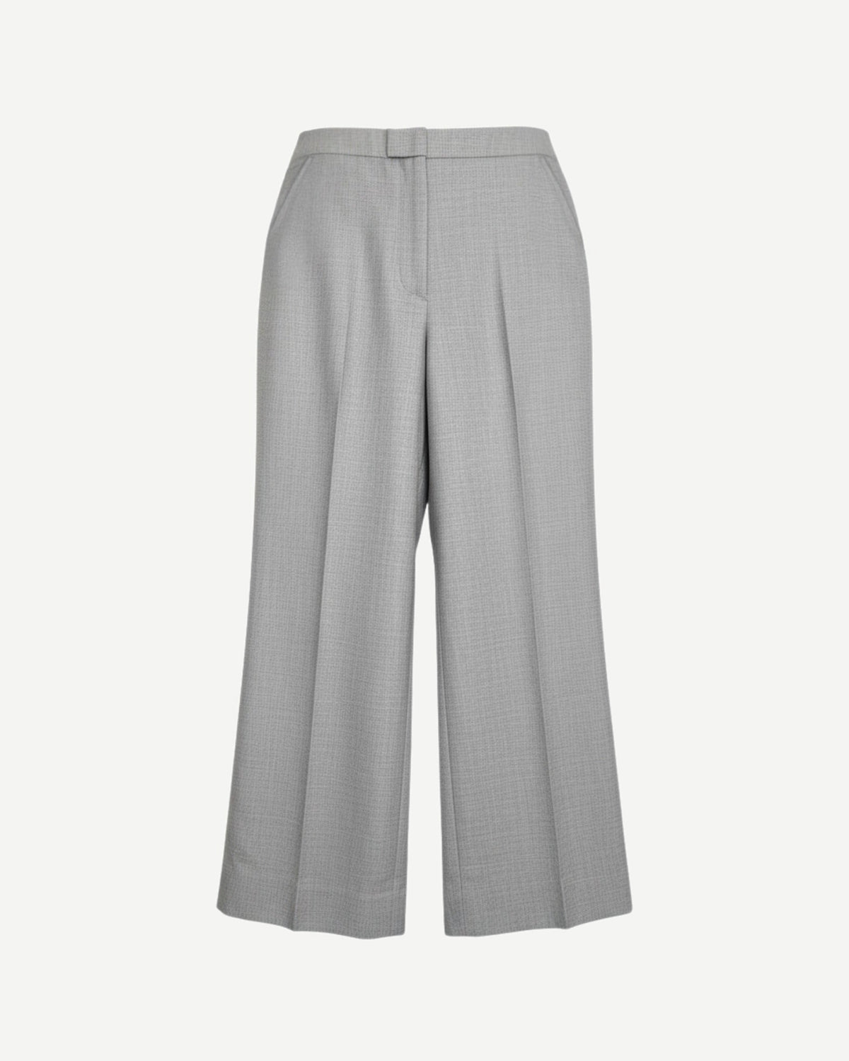 Light grey wide-leg cropped trousers front view