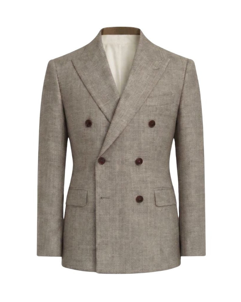 Loro Piana Beige Double-Breasted Wool Blazer showcasing a tailored fit with peak lapels, double-breasted design, and rich wool fabric for refined and elegant menswear.