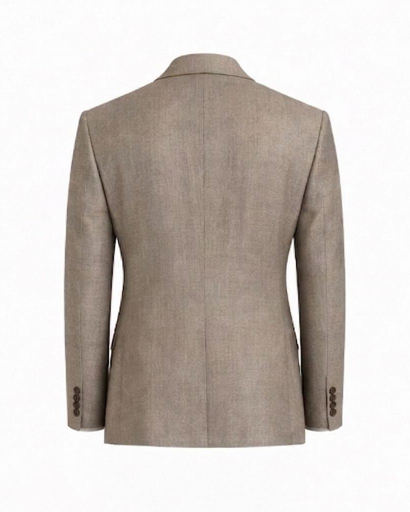 Back view of the Loro Piana Beige Double-Breasted Wool Blazer highlighting its structured fit, smooth wool fabric, and neatly finished seams for impeccable tailored menswear.