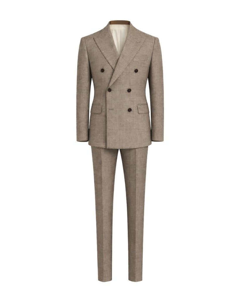 Loro Piana Beige Textured Wool Double-Breasted Suit featuring a tailored silhouette with structured shoulders, peak lapels, and a refined textured wool fabric for sophisticated mens suiting.